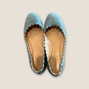 Chloe Lauren Scalloped Suede Ballet Flats Teal Blue Size 38 Round Toe Italy